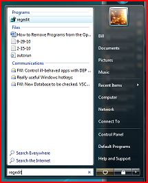 Windows 7 Start Menu, Regedit